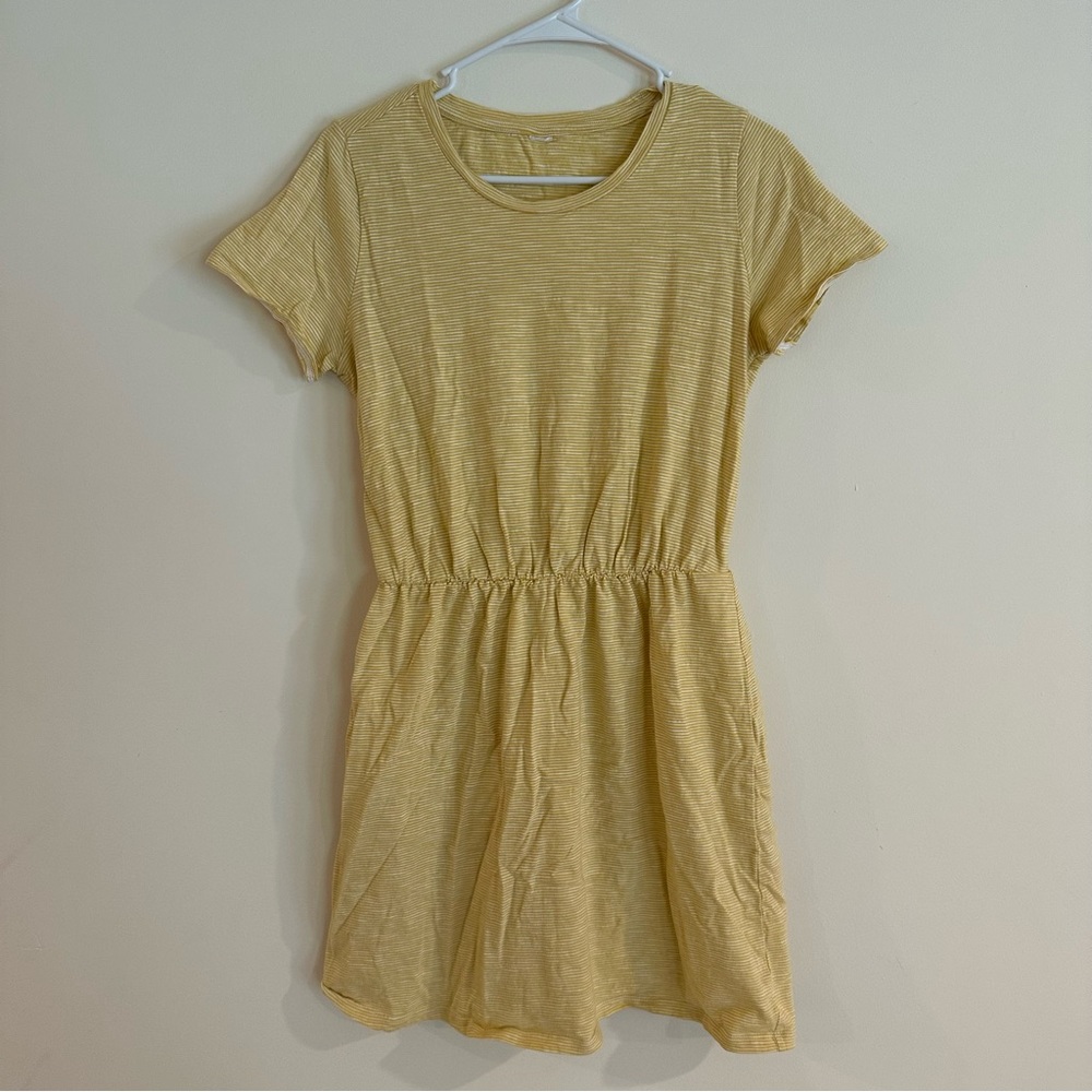 Yellow and white stripe cinched dress